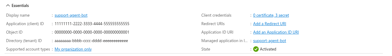 The Essentials pane of an app registration in the Azure portal