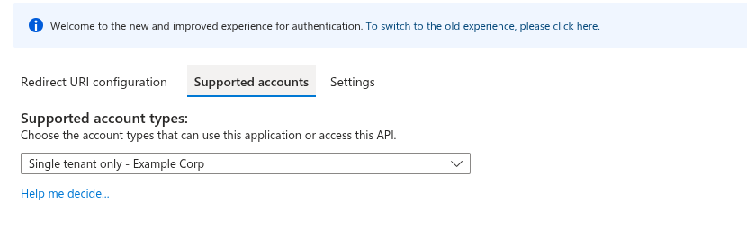 The Supported accounts tab of the app registration’s Authentication page in the Azure portal