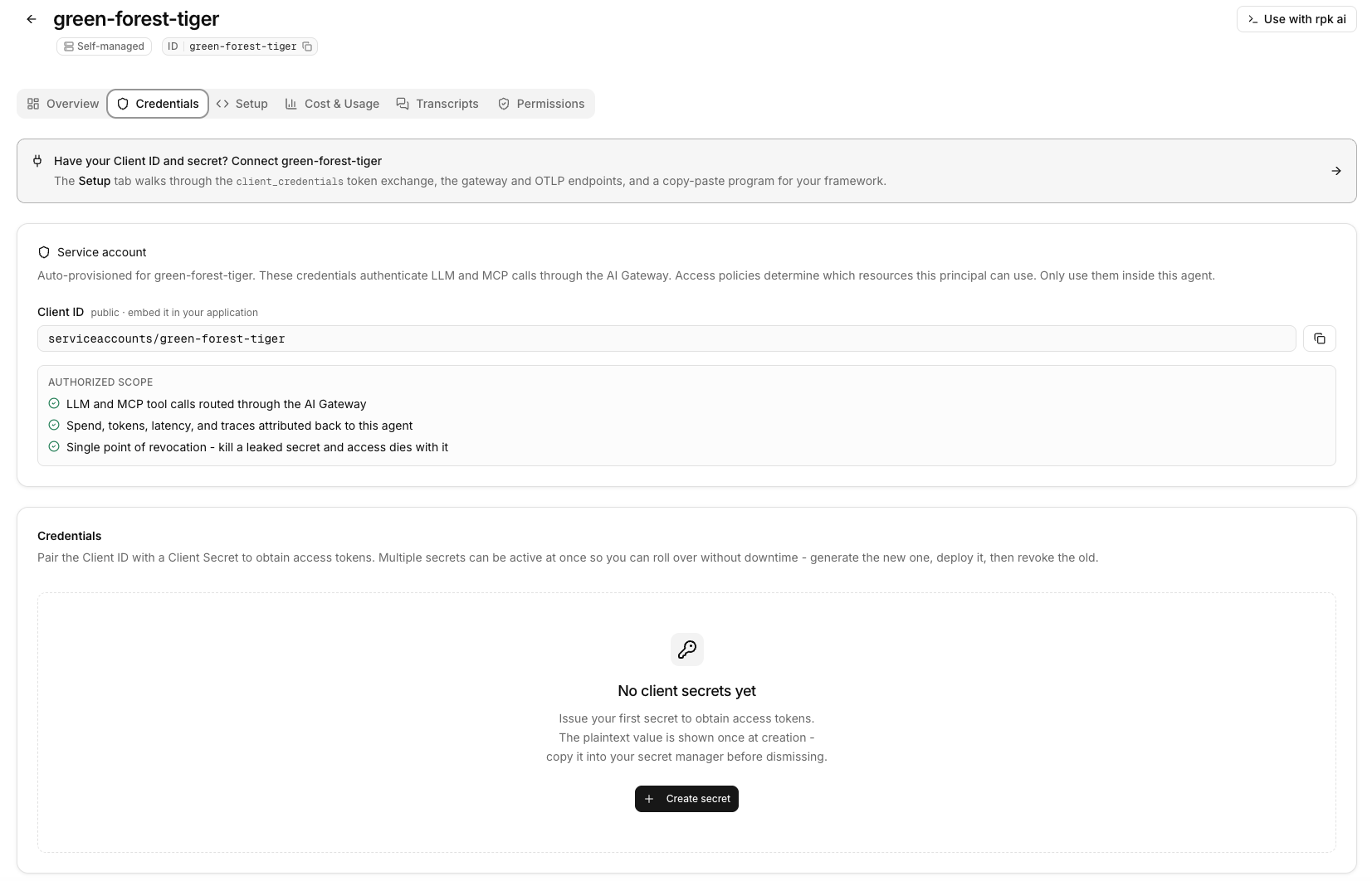 The Credentials tab for a self-managed agent, showing the service account Client ID, the authorized scope, and an empty client-secrets list with a Create secret button