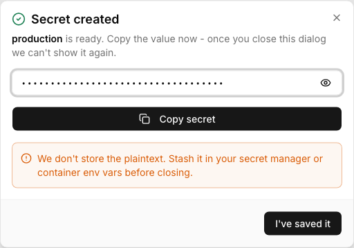 The Secret created dialog showing a masked client secret, a Copy secret button, and a warning that the plaintext is shown only at creation