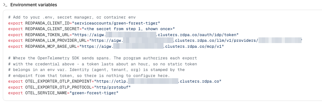 The Setup tab Environment variables block, with exported values for the client ID, the client secret placeholder, the token URL, the LLM provider URL, the MCP base URL, and the OpenTelemetry exporter variables