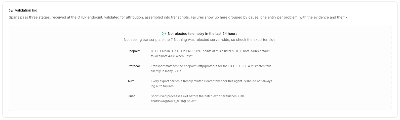 The Validation log on the Setup tab, showing the no-rejected-telemetry quiet state and its exporter-side checks: Endpoint, Protocol, Auth, and Flush