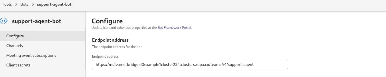 The bot’s Configure page in the Teams Developer Portal