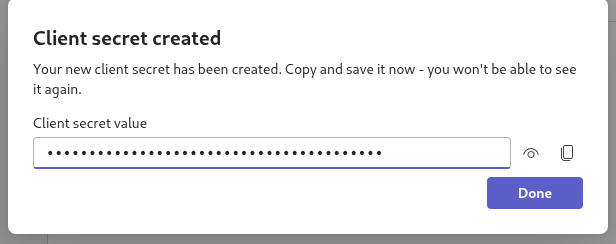 The Client secret created dialog in the Teams Developer Portal