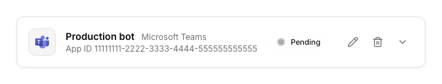 A collapsed Microsoft Teams trigger card named Production bot with a Pending status