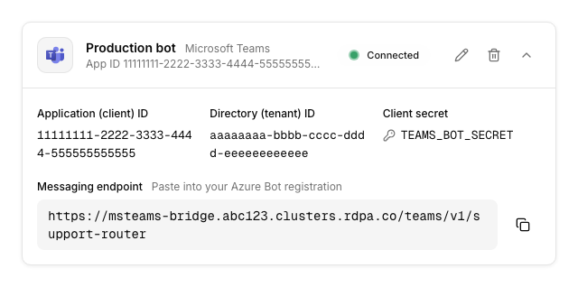 An expanded Microsoft Teams trigger card with a green Connected badge, showing the application client ID, directory tenant ID, client secret reference, and the messaging endpoint URL with a copy button