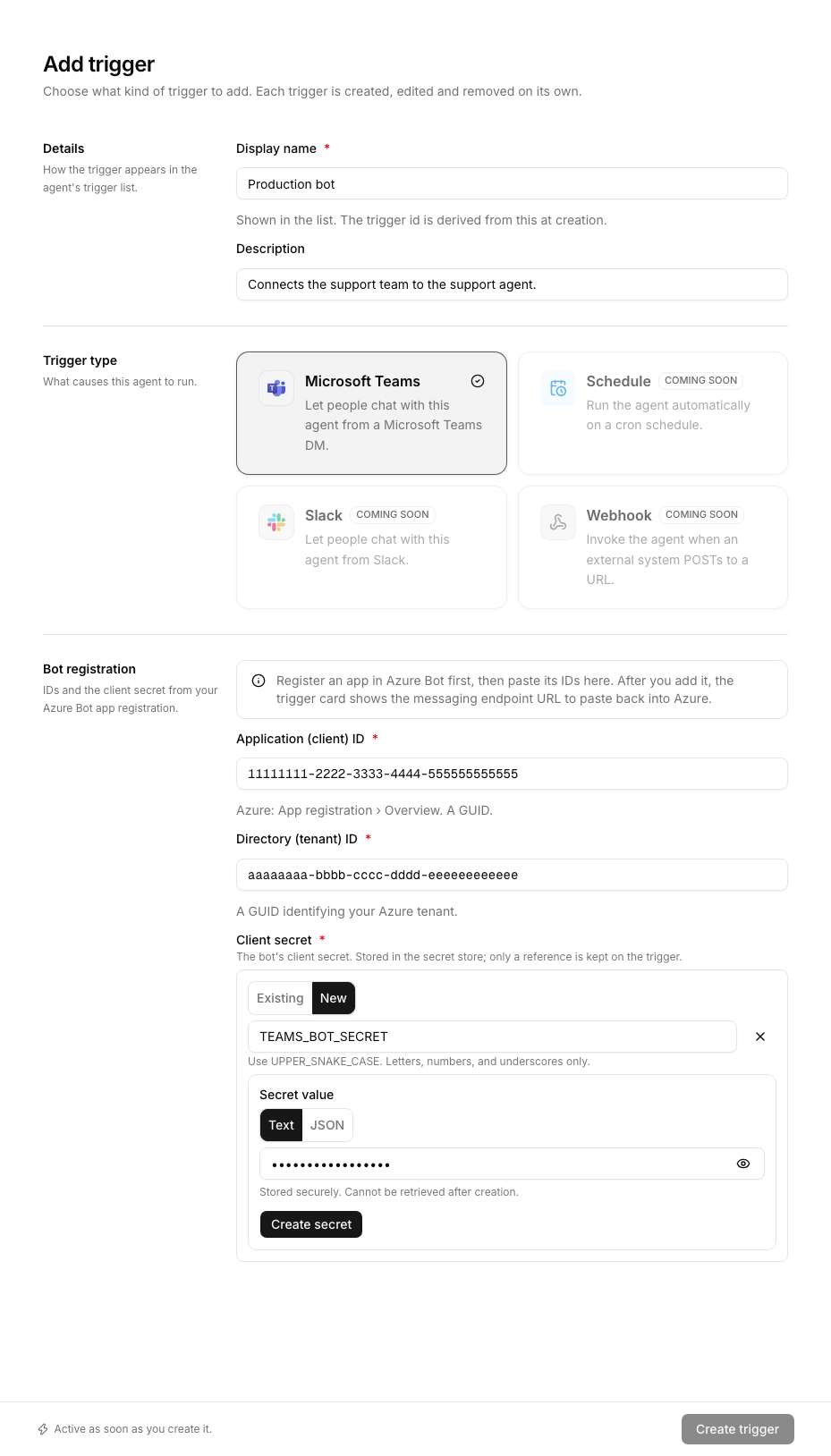 The Add trigger page with Microsoft Teams selected, a display name and description entered, the application and tenant IDs filled in, and the New client secret fields showing a secret name and masked value