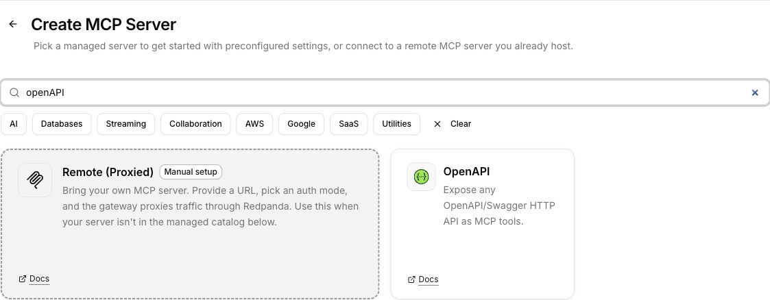 The Create MCP Server marketplace picker filtered by a search for openAPI, showing the Remote (Proxied) card and the OpenAPI card