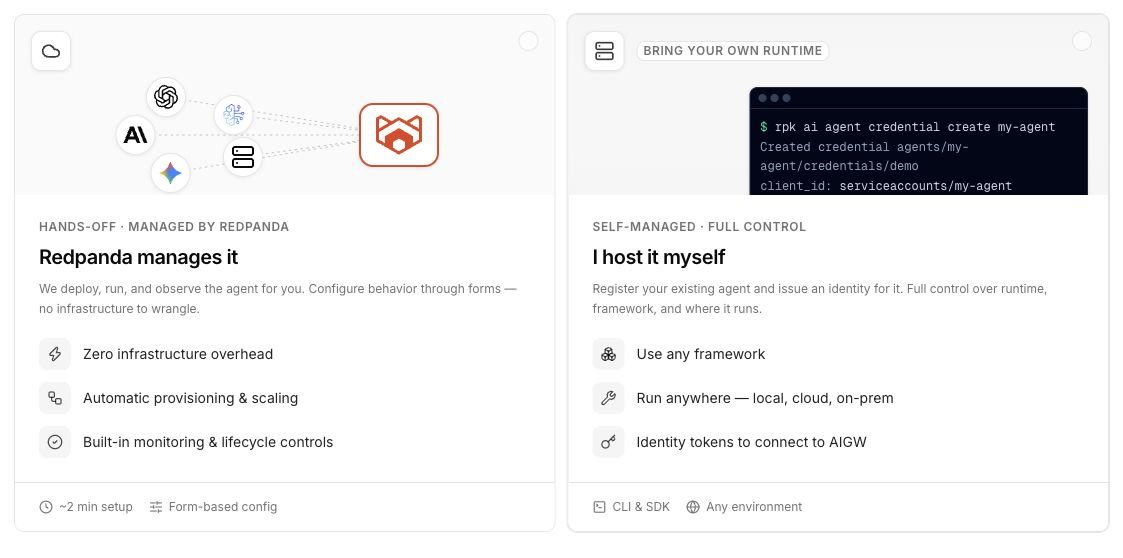 The runtime choice in the create-agent flow, with a Redpanda manages it card for the managed runtime and an I host it myself card for self-managed agents
